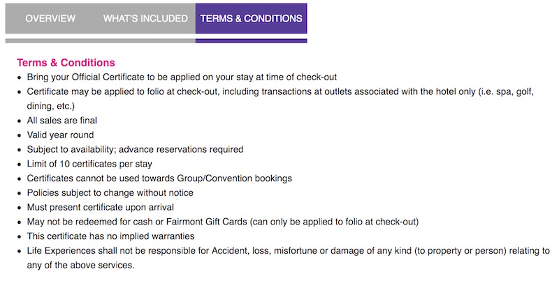 Life Experiences Fairmont Gift Certificate Terms And Conditions 