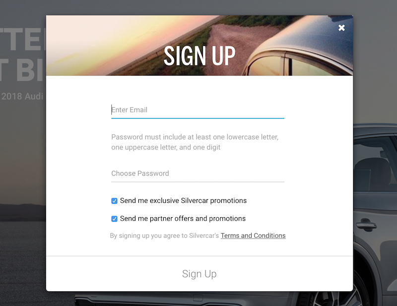 Silvercar Rental Sign-Up Screen