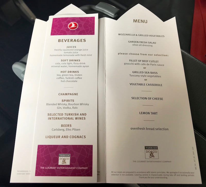 Turkish Airlines Airbus A321 Business Class Menu 