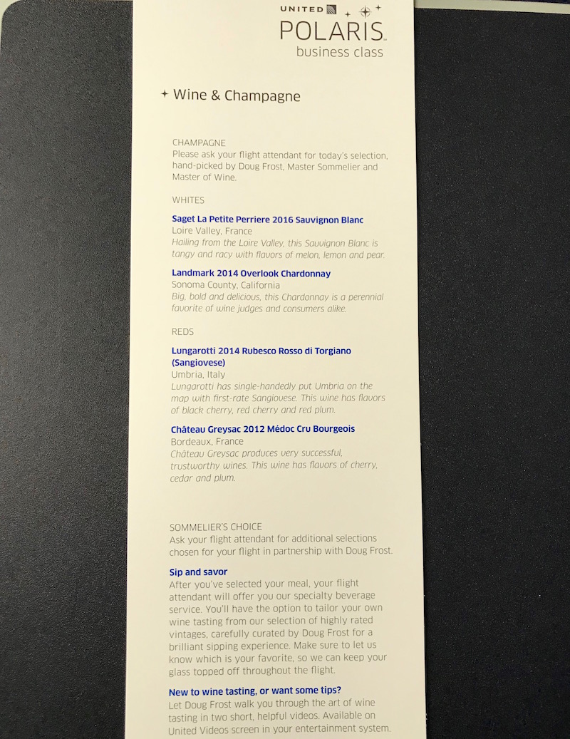 United Airlines Business Class Beverage Menu 