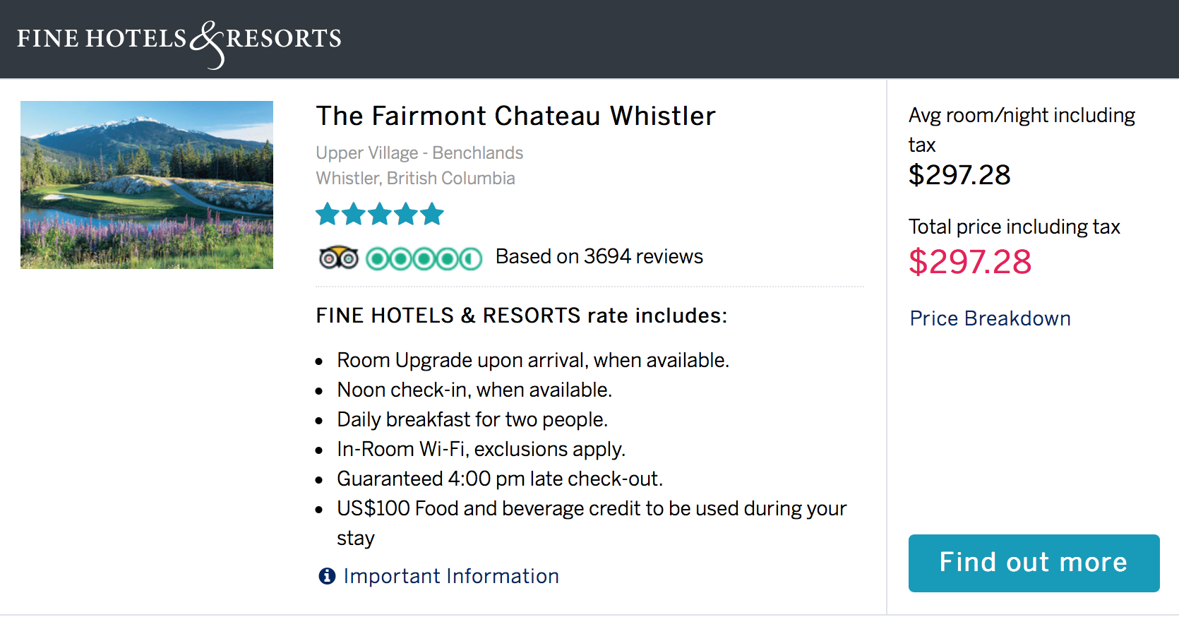 Fairmont Chateai Whistler - American Express Fine Hotels And Resorts Rate