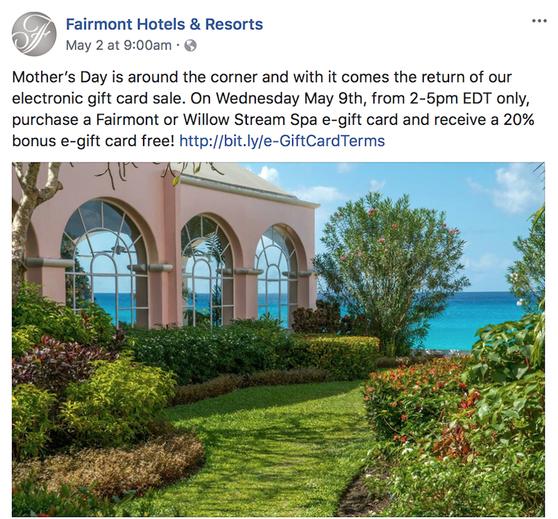 Bonus On Fairmont Gift Cards Facebook Announcement