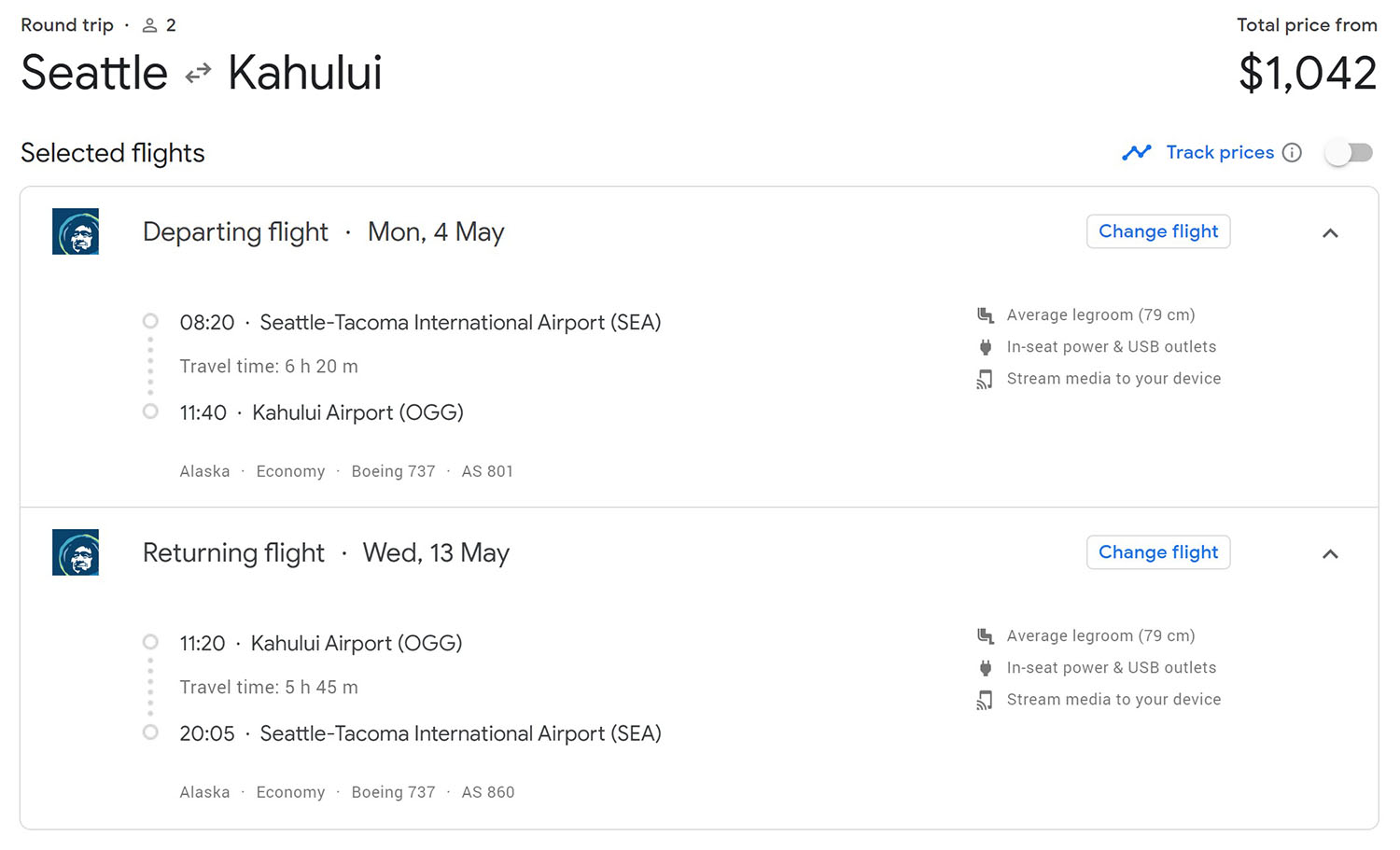 Google Flights Retail Prices for Hawaii Flights
