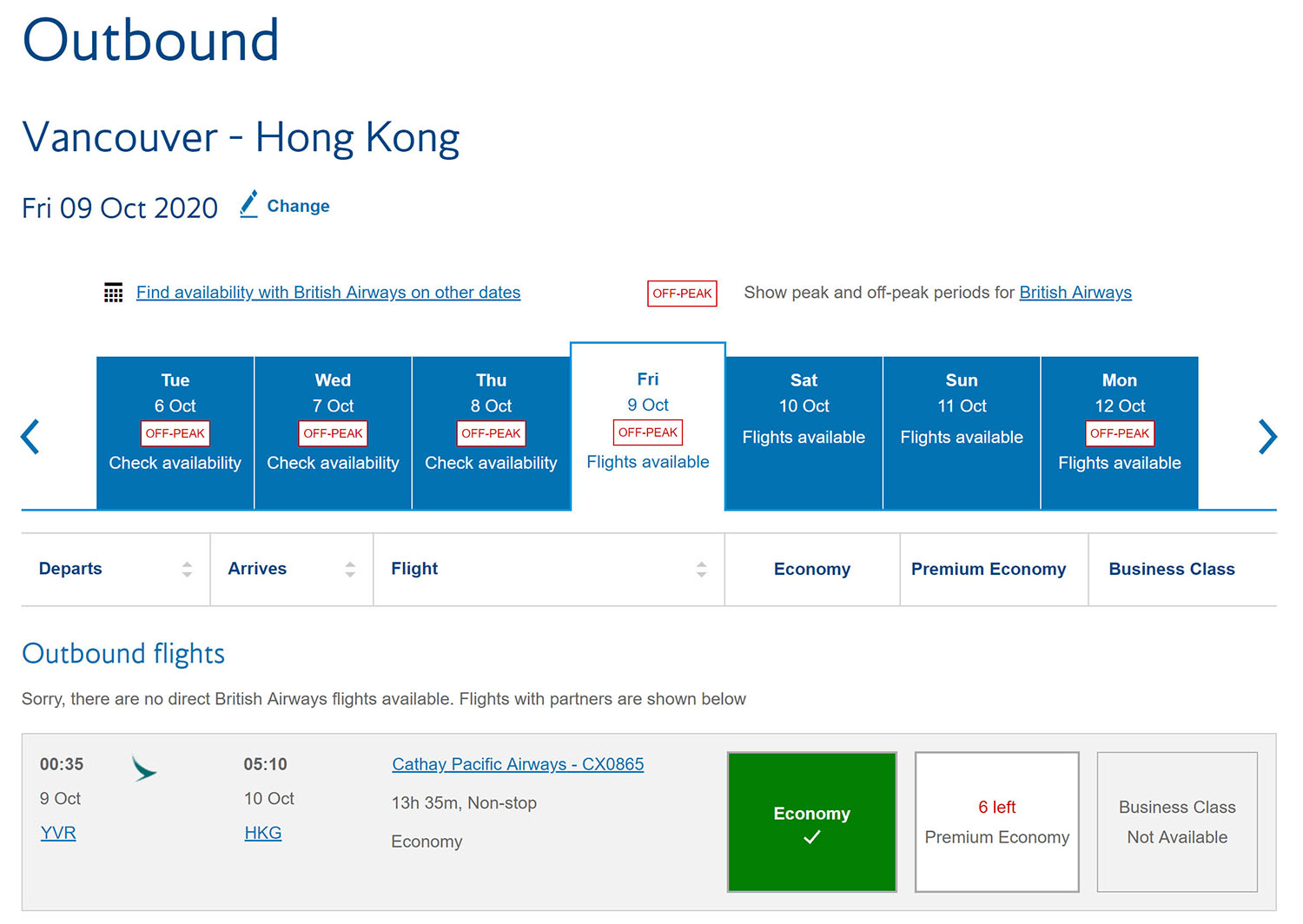 Select your outbound departing flight - YVR > HKG