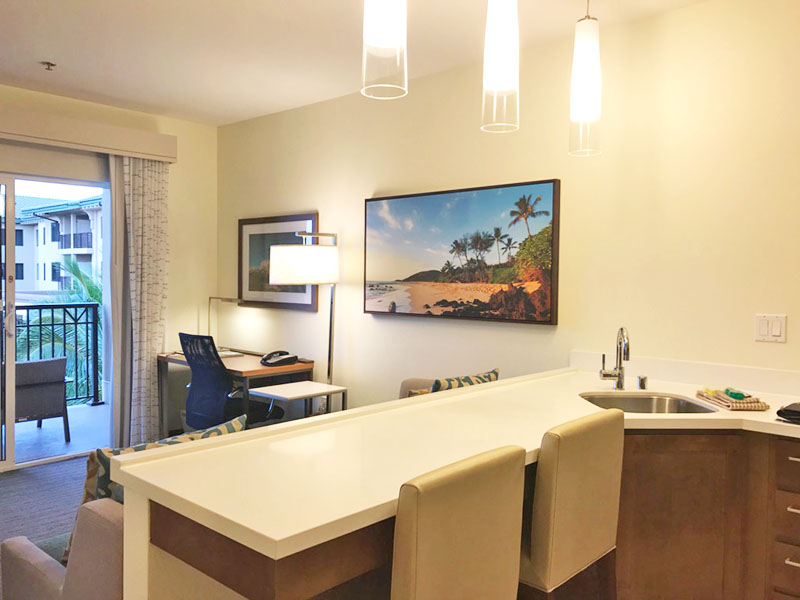 Our Gold Elite Status room upgrade at the Marriott Residence Inn in Wailea, Maui. We got upgraded from a studio to a 1 bedroom suite with a kitchen!