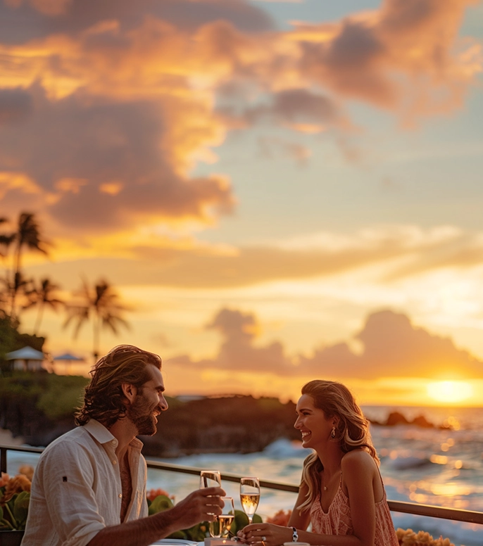 Canadian couple on vacation, celebrating their use of Amex points