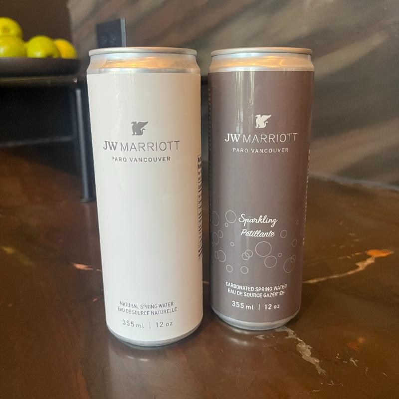 12-jw-marriott-vancouver-lounge-branded-sparkling-water JW Marriott-branded still and sparkling water cans available in the Executive Lounge, Vancouver, BC.