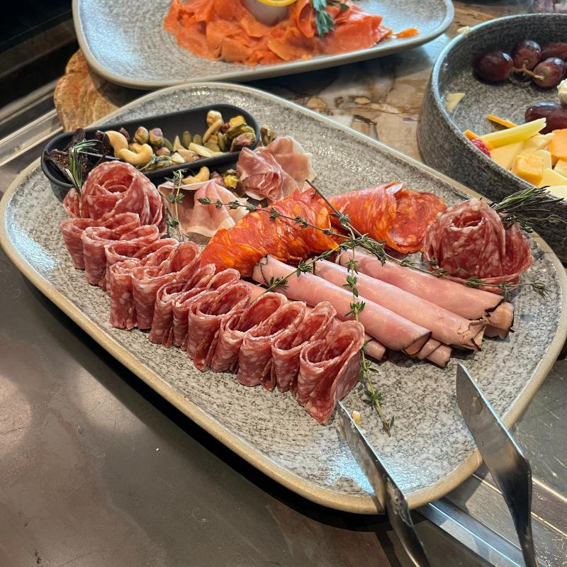 26-jw-marriott-vancouver-lounge-breakfast-cured-meats Cured meats and lox-style salmon platter from the JW Marriott Executive Lounge breakfast spread.