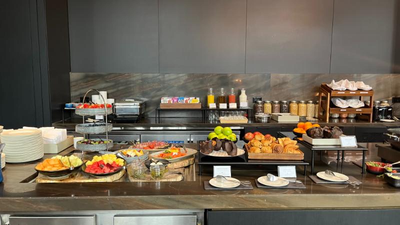 Full view of the JW Marriott Executive Lounge breakfast buffet in Vancouver, BC.