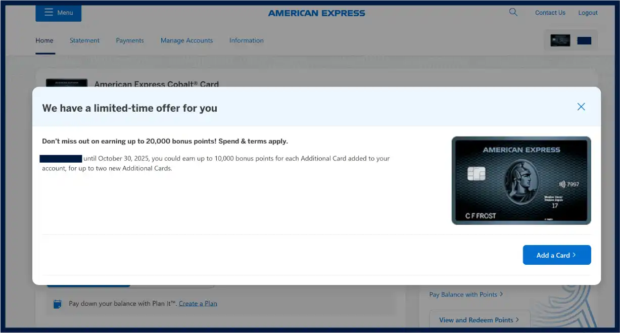 Additional card limited time offer popup in Amex account