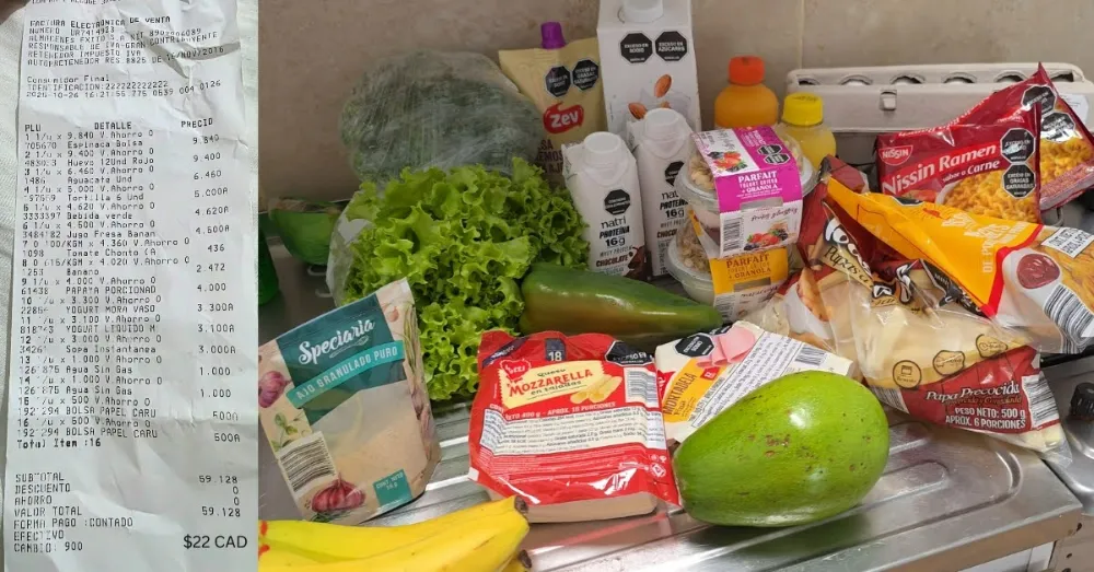 Colombia grocery haul and receipt highlighting food expenses during a budget trip without Amex points.