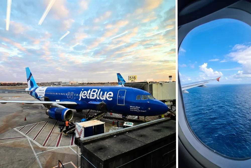 JetBlue aircraft and in-flight window shot representing real flight costs and missed American Express travel perks